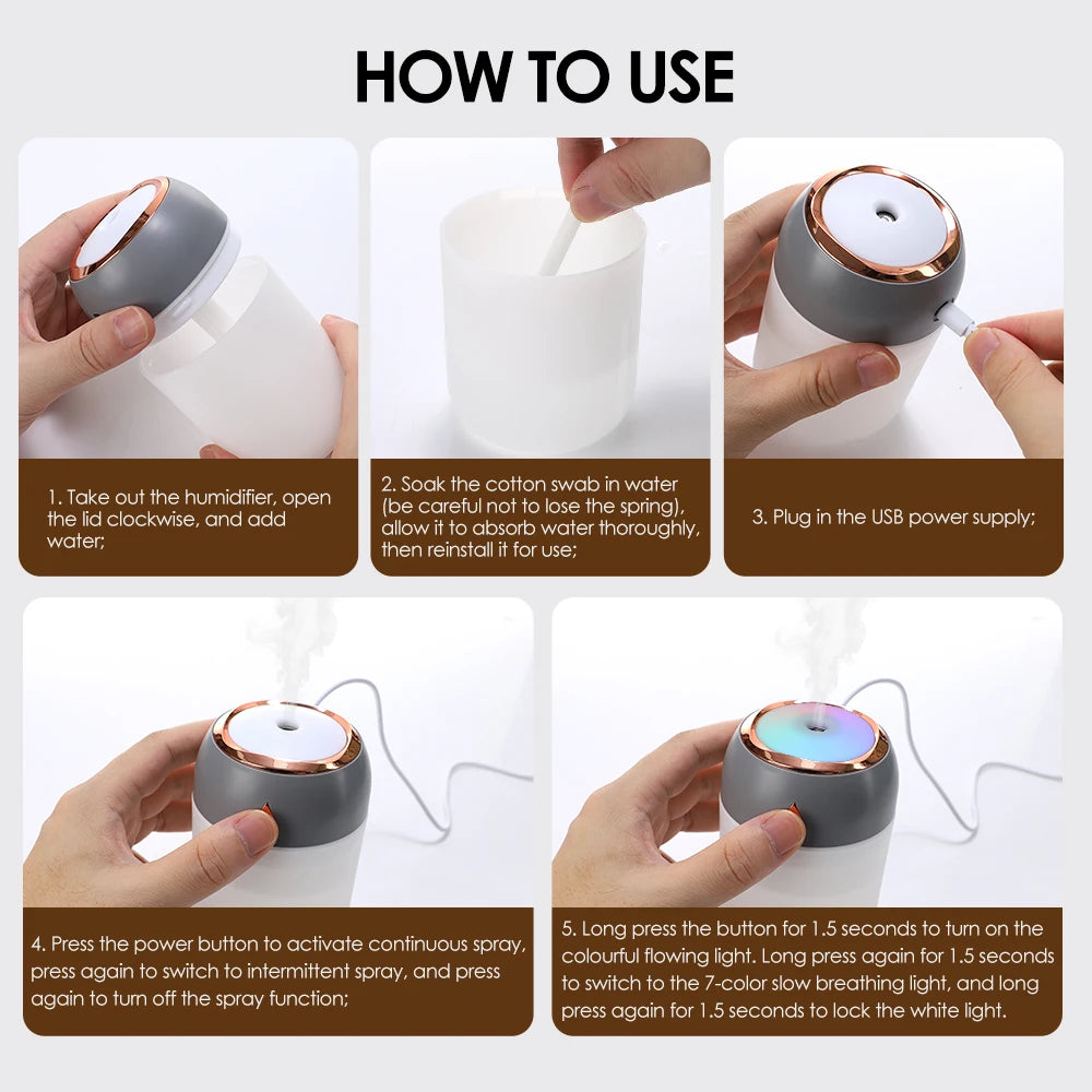 600ml Air Humidifier Essential Oil Aromatherapy Cool Mist Maker Double Spray 7 Color Lights Rechargeable Purifier Home Office