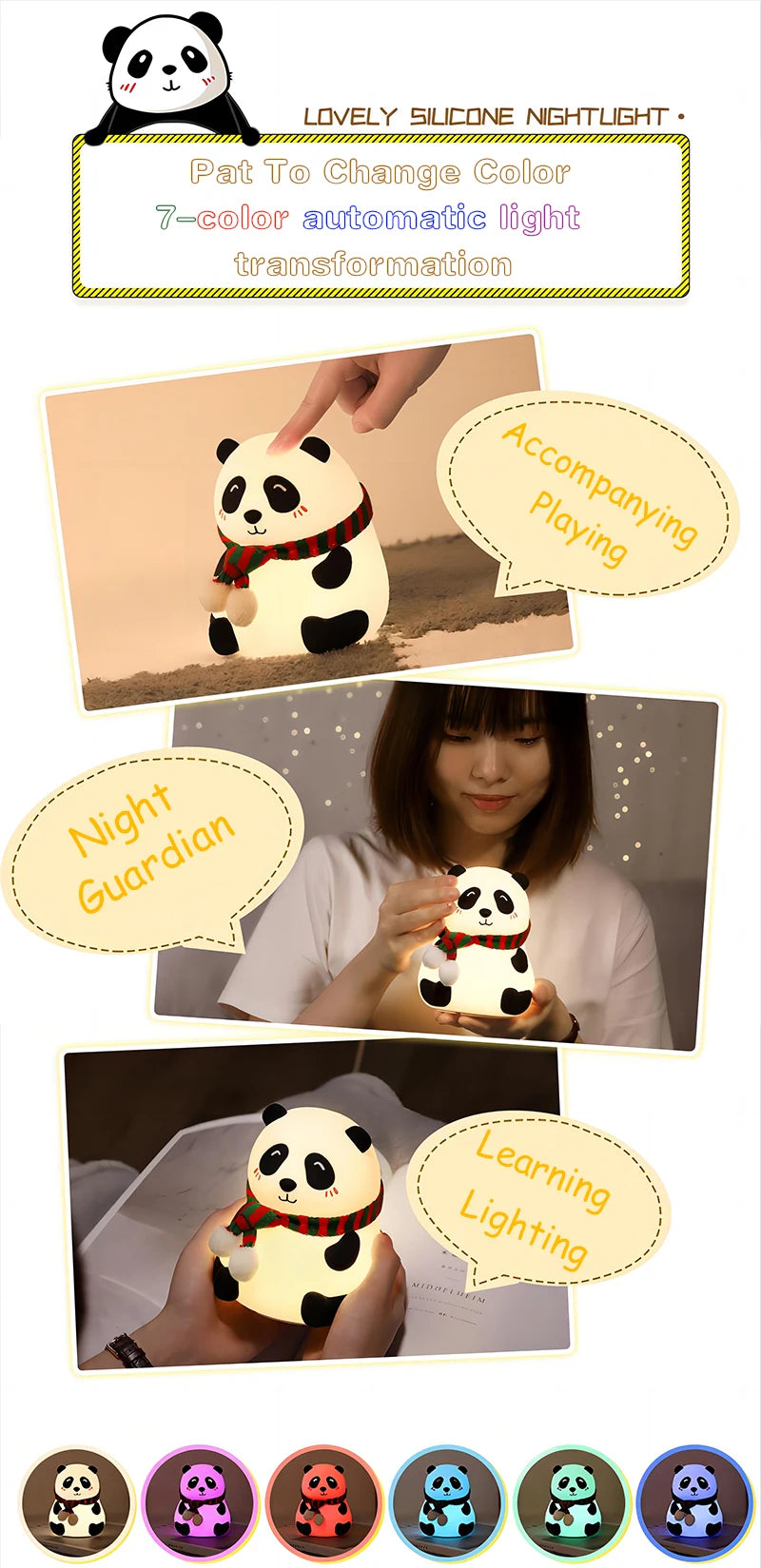 Cute Panda Night Light Silicone Nursery Sleeping Lamp Touch Control Nightlights USB Rechargeable Table Lamp for Baby Child