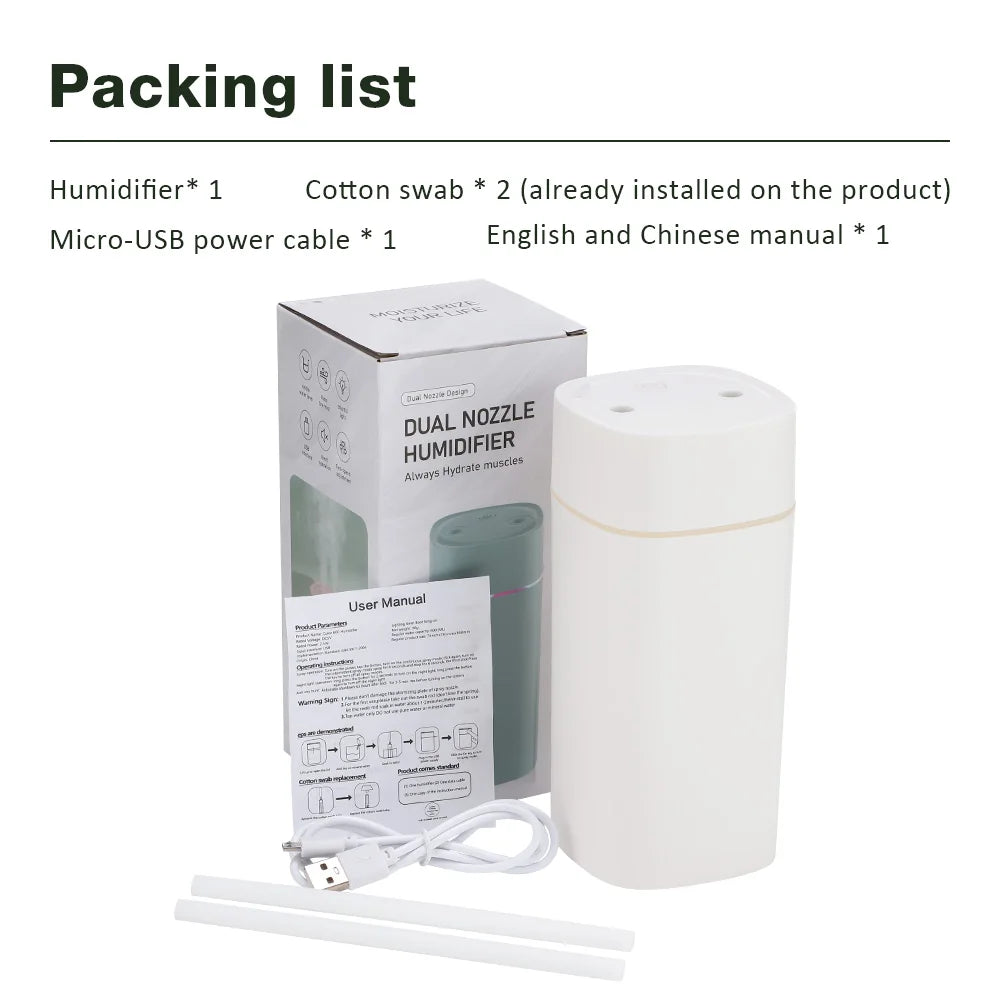 600ml Air Humidifier Essential Oil Aromatherapy Cool Mist Maker Double Spray 7 Color Lights Rechargeable Purifier Home Office